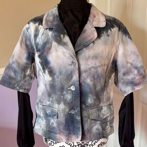 Chico’s Platinum, women’s Tie-Dye Short Sleeve Jean Jacket, size 3